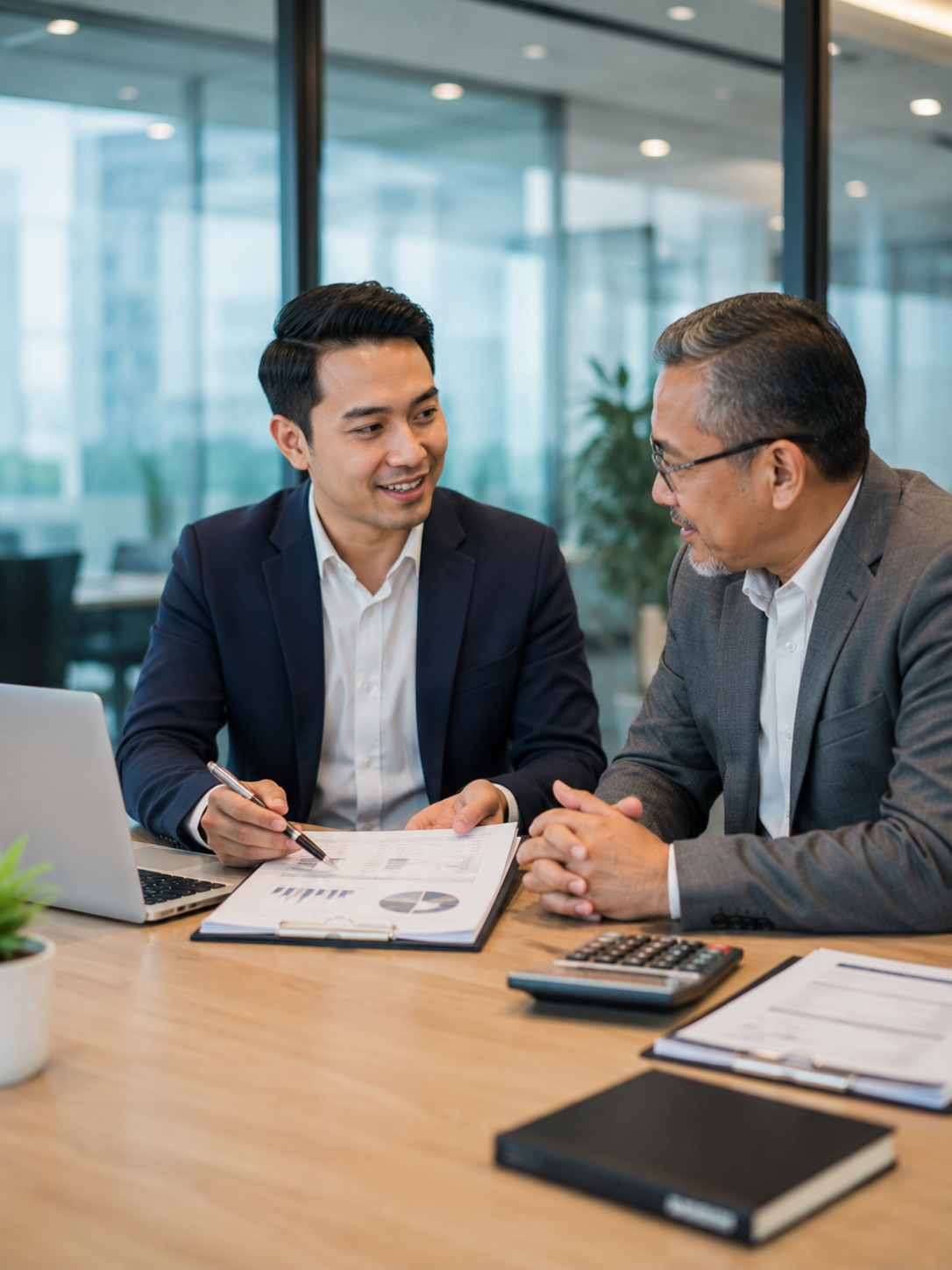A Seckira accountant reviewing financial reports with a client.